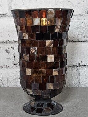 Mosaic Glass Vase Brown Amber Mother of Pearl Pedestal Decor